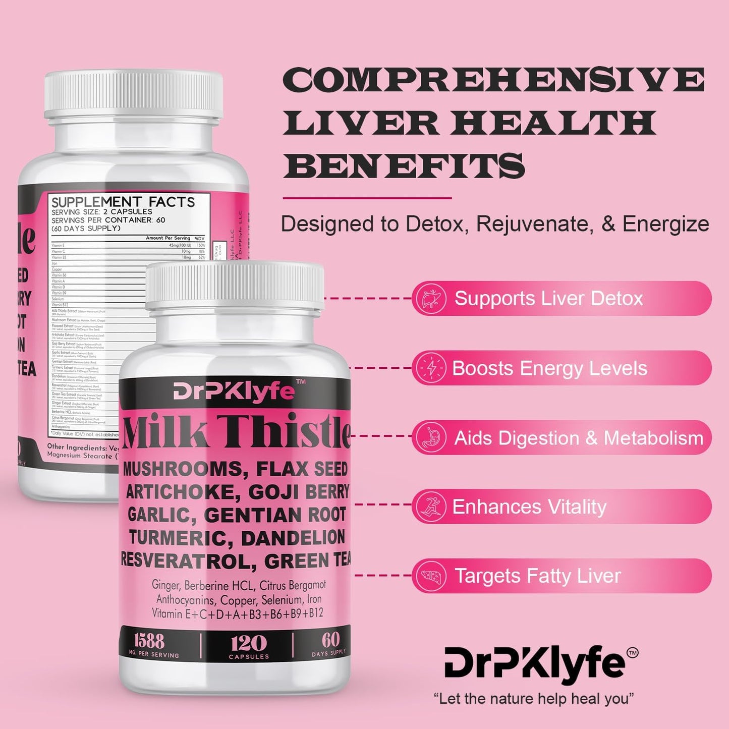 Internist Recommended Liver Health Supplement with Dandelion, Artichoke, Milk Thistle, Resveratrol, Goji Berry, Mushroom, Flax Seeds, Turmeric - 60 Day Supply for Energy and Liver Support