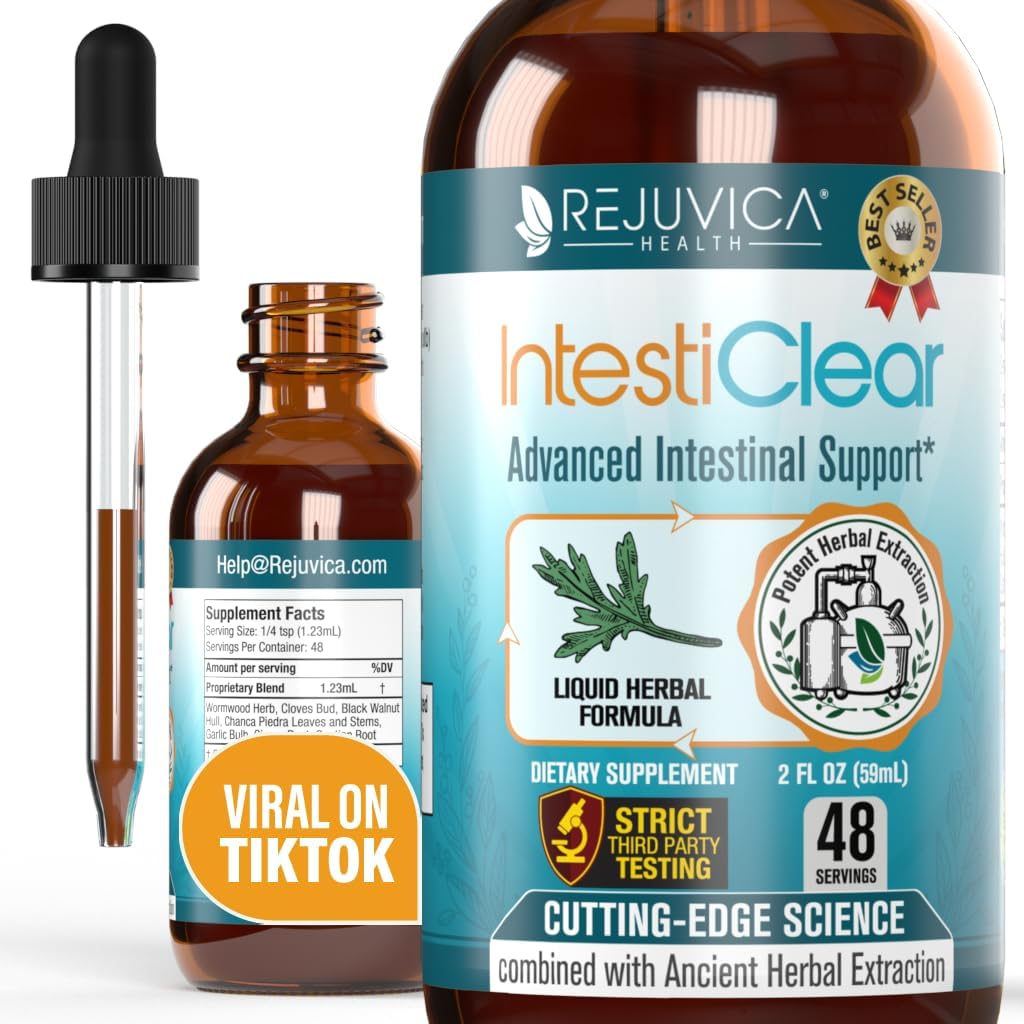 IntestiClear by Rejuvica Health - Liquid Intestinal Support Supplement with Wormwood, Cloves, Black Walnut, Garlic - Advanced Formula for Better Absorption