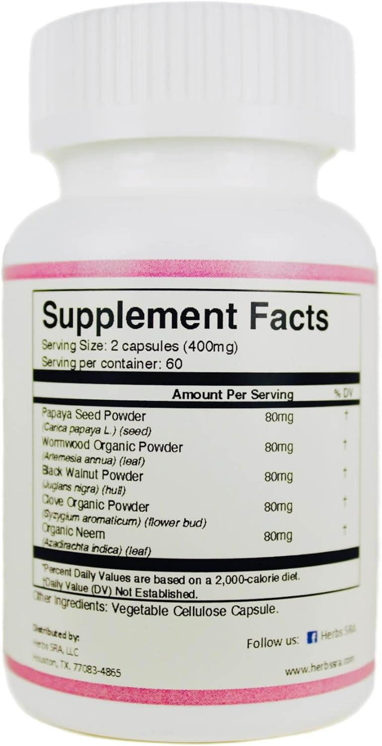 Intestinal Detox Herbal Supplement with Papaya Seed, Wormwood, Black Walnut, Clove, Neem - Gut Health Cleanser, 120 Capsules