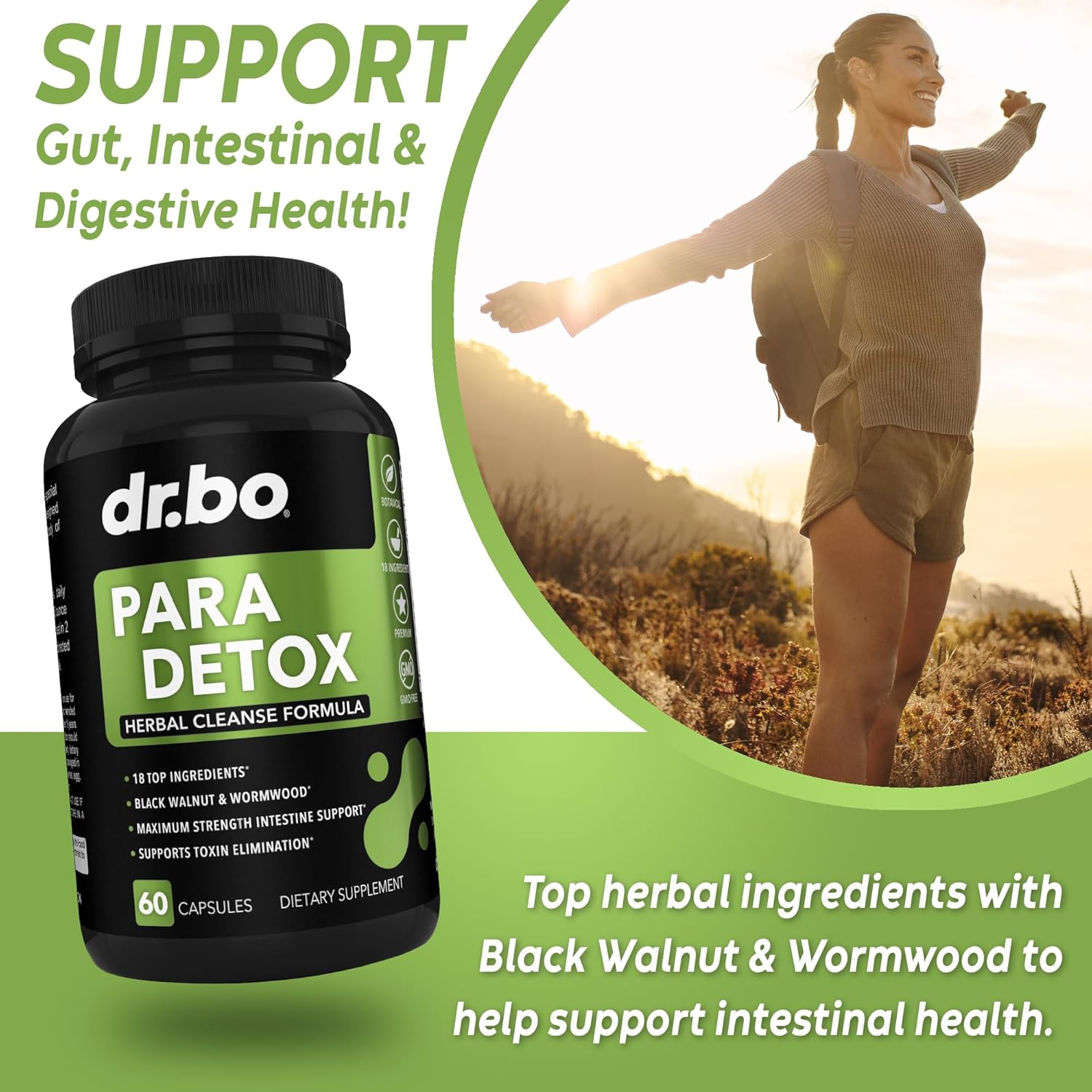 Intestinal Detox Support Supplement for Adults - Herbal Gut Health Formula with Wormwood, Black Walnut, and Cloves - 60 Capsules