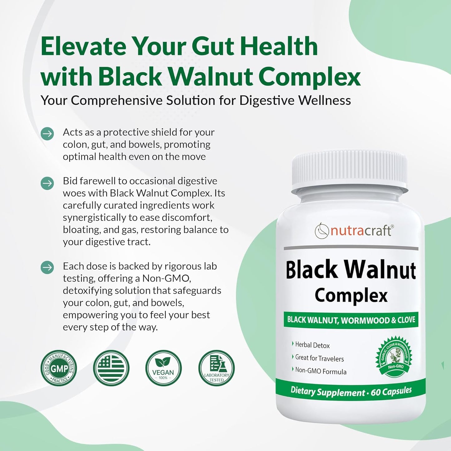 Intestinal Guard Detox Cleanse Supplement with Black Walnut, Wormwood, Clove, PAU D'Arco, Pumpkin Seed, Garlic, Zinc | 60 Capsules by Nutracraft
