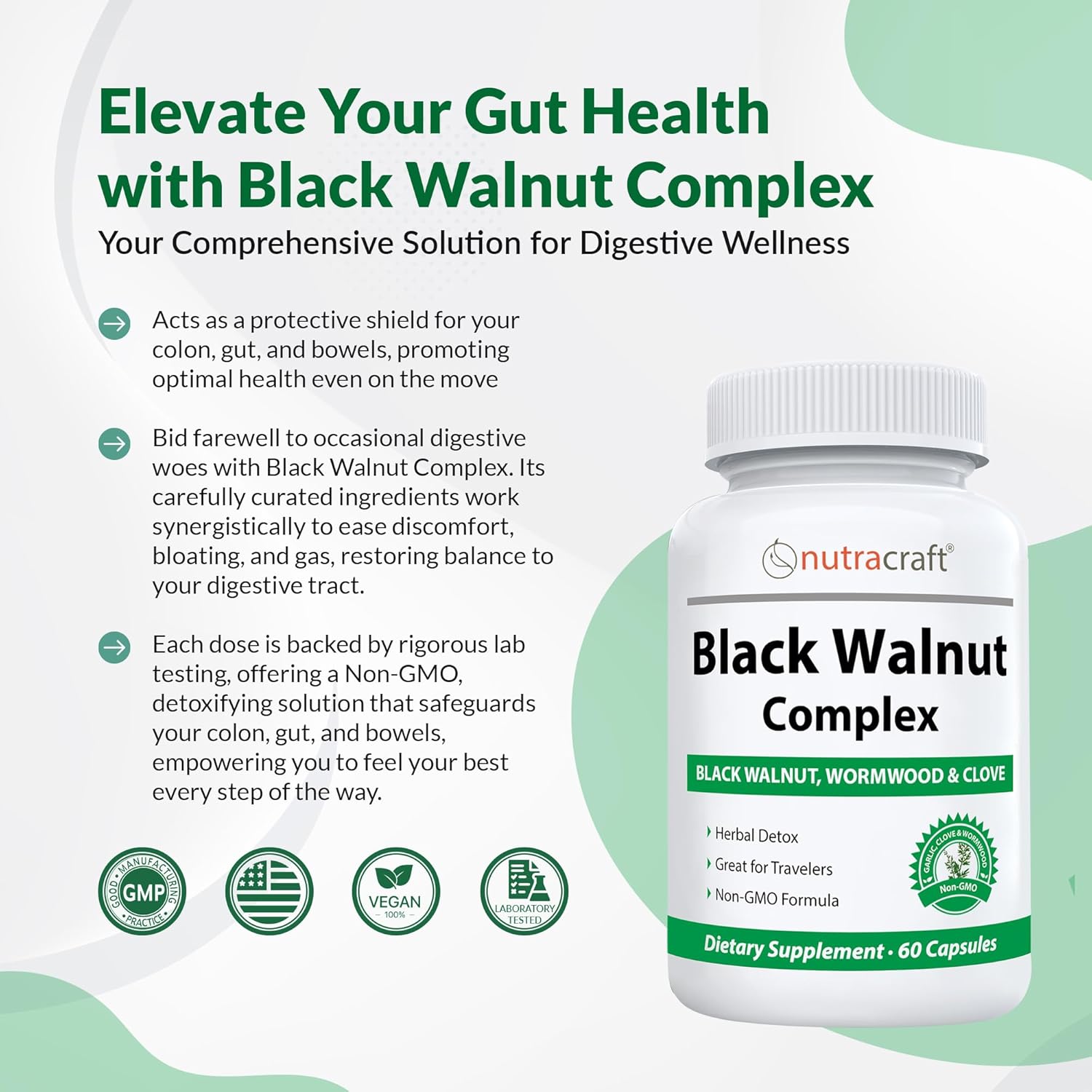 Intestinal Guard Detox Cleanse Supplement with Black Walnut, Wormwood, Clove, PAU D'Arco, Pumpkin Seed, Garlic, Zinc | 60 Capsules by Nutracraft
