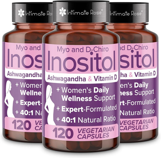 Intimate Rose Myo-Inositol & D-Chiro Inositol Blend for Women's Daily Wellness Support - 3 Bottles, Vitamin D & Ashwagandha, 40:1 Blend Ratio