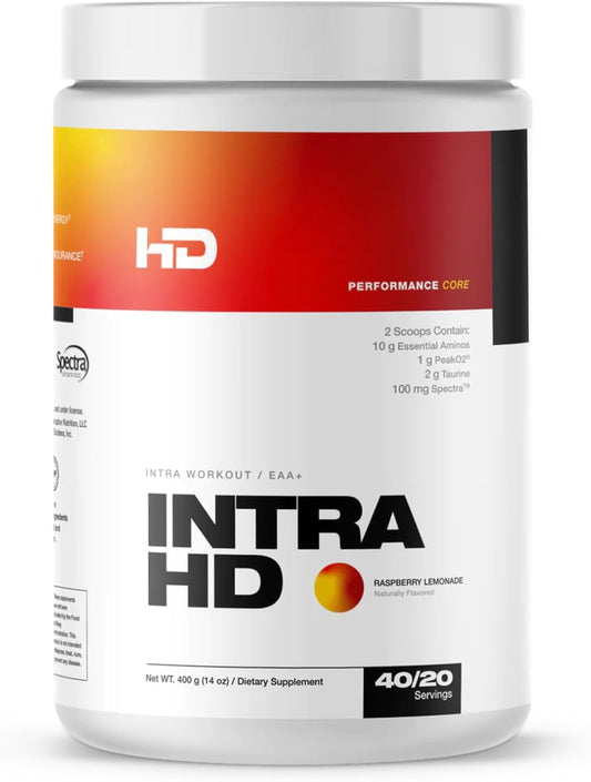 IntraHD Essential Aminos: High-Definition Muscle Recovery Drink - 10g EAAs, 100mg Spectra, 1g Coconut Water Powder - Raspberry Lemonade Flavor - 40/20 Servings