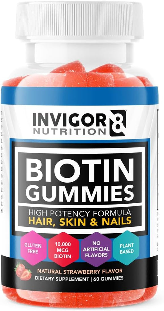 INVIGOR8 Biotin Gummies 10000mcg - Hair Skin Nails Vitamins for Women, Men, & Kids - Vegan Strawberry Flavor - 60 Count