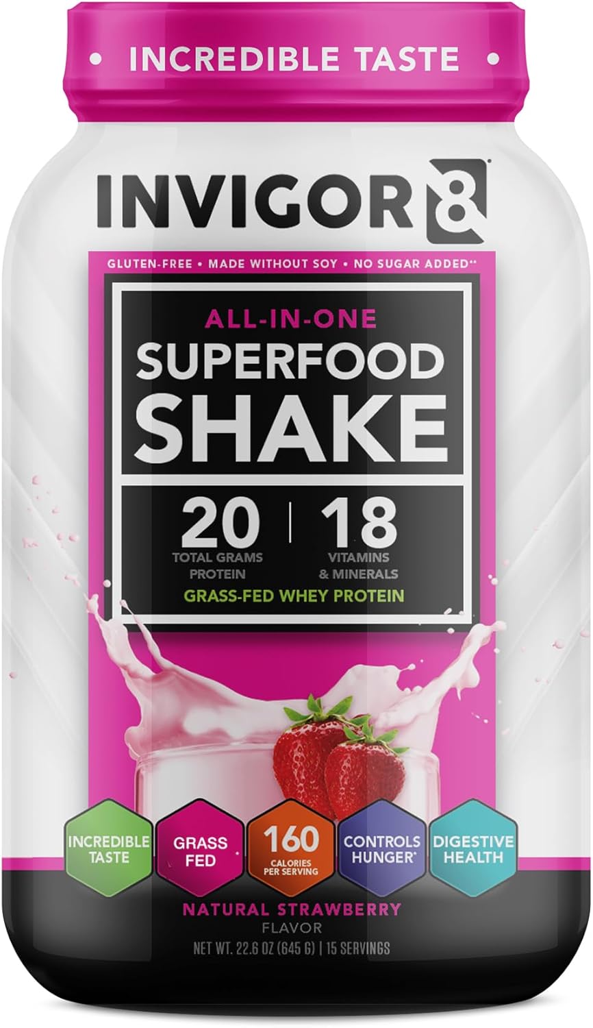 INVIGOR8 Superfood Grass Fed Whey Protein Isolate Shake - Natural Strawberry Meal Replacement with Probiotics & Omega 3 - Gluten-Free & Non GMO - 645g
