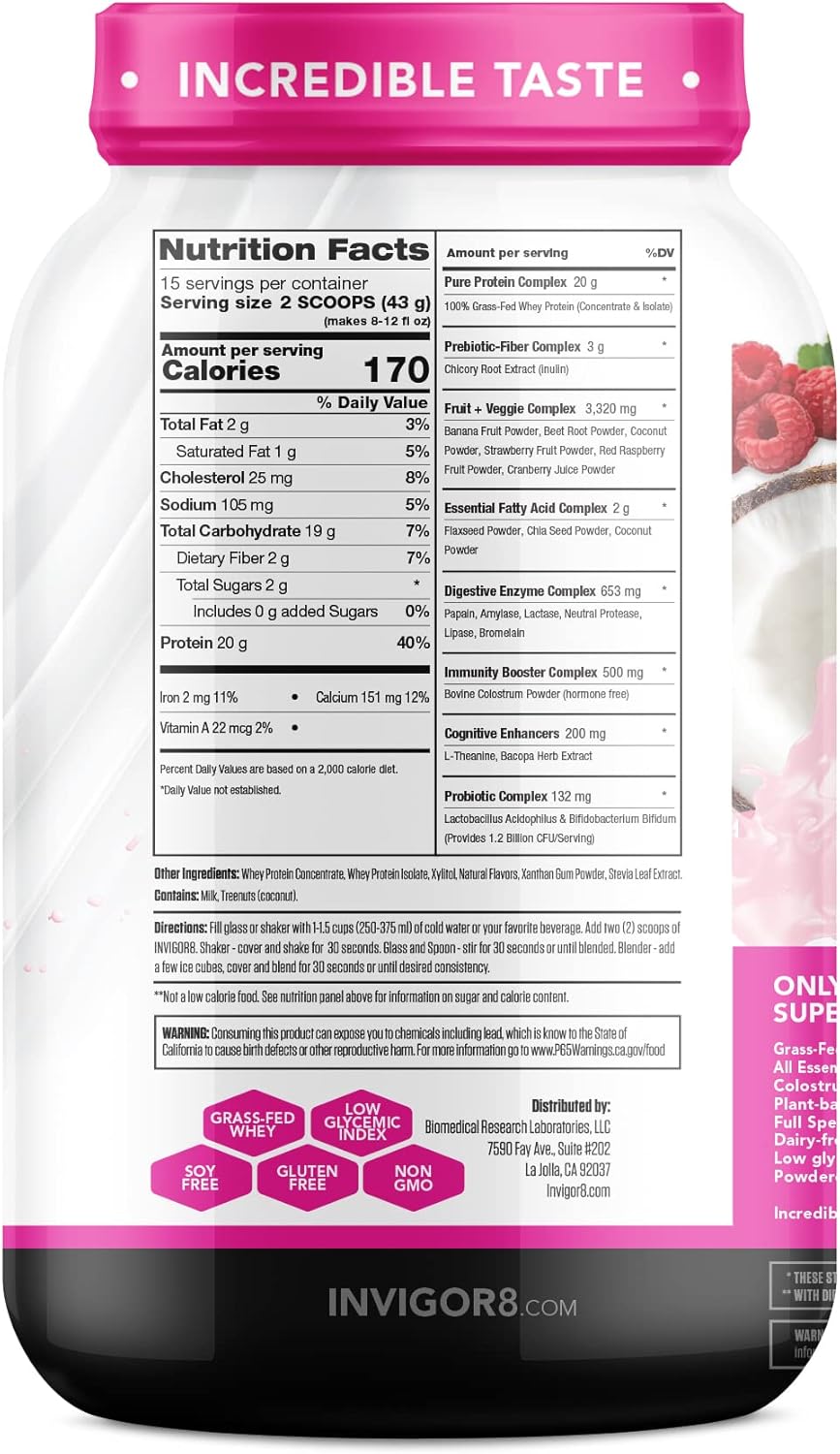 INVIGOR8 Superfood Grass Fed Whey Protein Isolate Shake - Natural Strawberry Meal Replacement with Probiotics & Omega 3 - Gluten-Free & Non GMO - 645g
