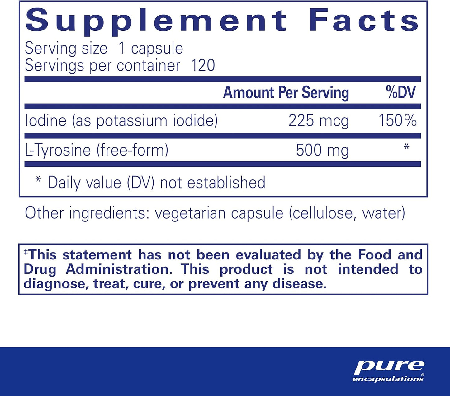 Iodine and Tyrosine Supplement for Thyroid Support | 120 Capsules | Hypoallergenic Formula by Pure Encapsulations
