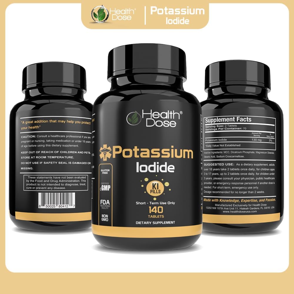 Iodine Supplement Tablets for Thyroid Health - 130mg, 140 Count - Potassium Iodide (KI) for Short-Term Protection. Full Month Supply.