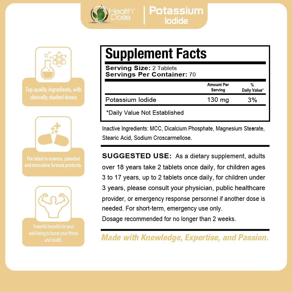 Iodine Supplement Tablets for Thyroid Health - 130mg, 140 Count - Potassium Iodide (KI) for Short-Term Protection. Full Month Supply.
