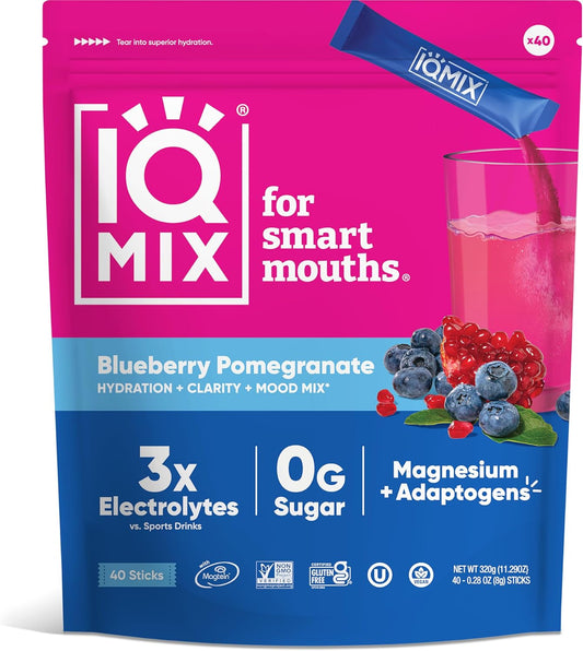 IQBAR IQMIX Blueberry Pomegranate Electrolyte Powder Packets - Keto Hydration Supplement with Lions Mane, Magnesium, and Potassium - Sugar Free Drink Mix (40 Count)