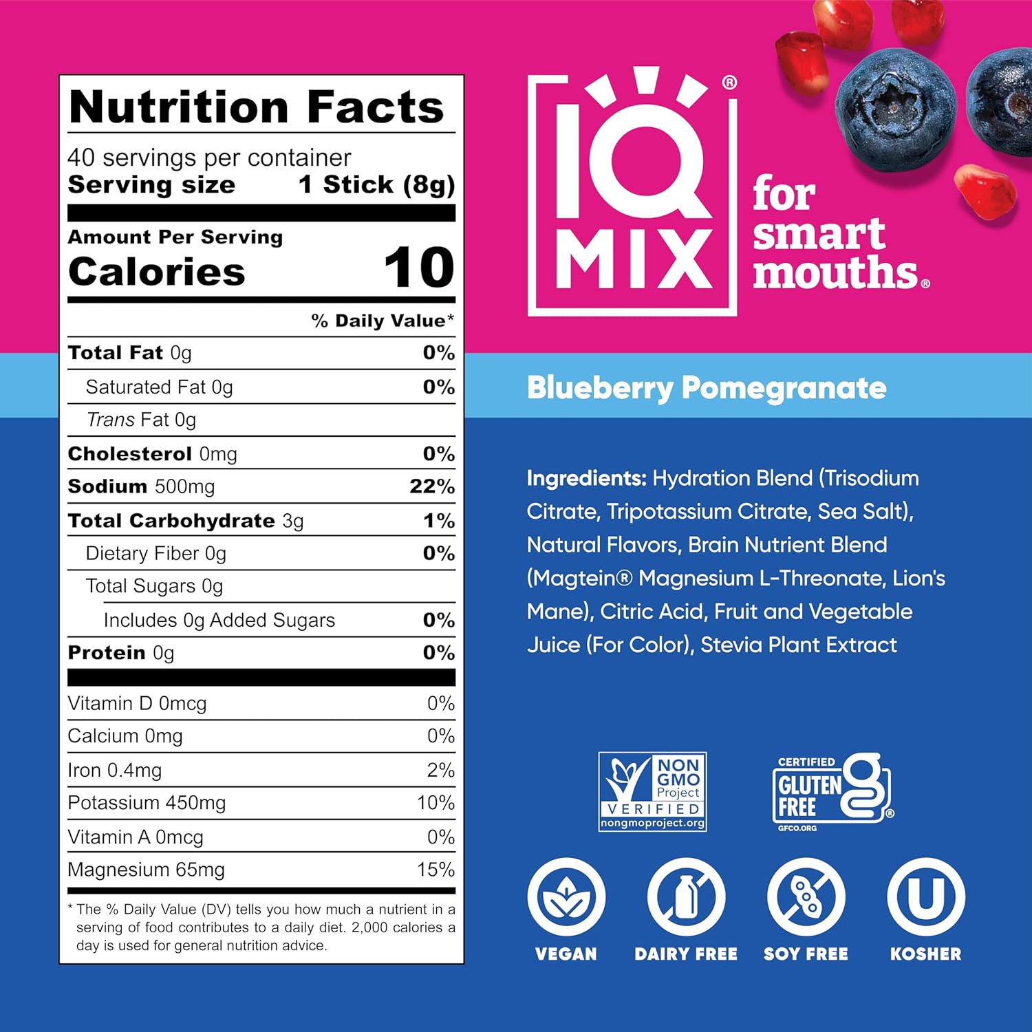 IQBAR IQMIX Blueberry Pomegranate Electrolyte Powder Packets - Keto Hydration Supplement with Lions Mane, Magnesium, and Potassium - Sugar Free Drink Mix (40 Count)