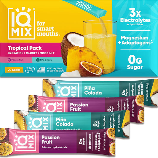 IQBAR IQMIX Electrolytes Powder Packets - Keto Hydration Drink Mix with Lions Mane, Magnesium, Potassium - Tropical Variety Pack (20 Count)
