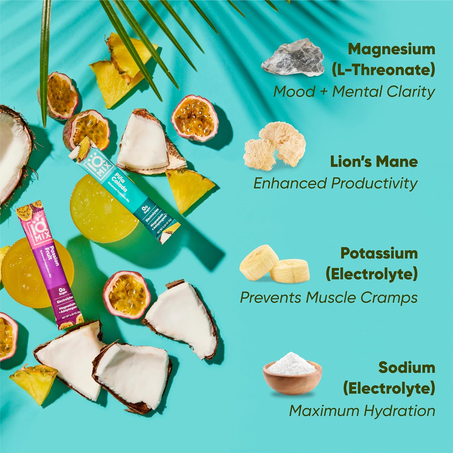 IQBAR IQMIX Electrolytes Powder Packets - Keto Hydration Drink Mix with Lions Mane, Magnesium, Potassium - Tropical Variety Pack (20 Count)