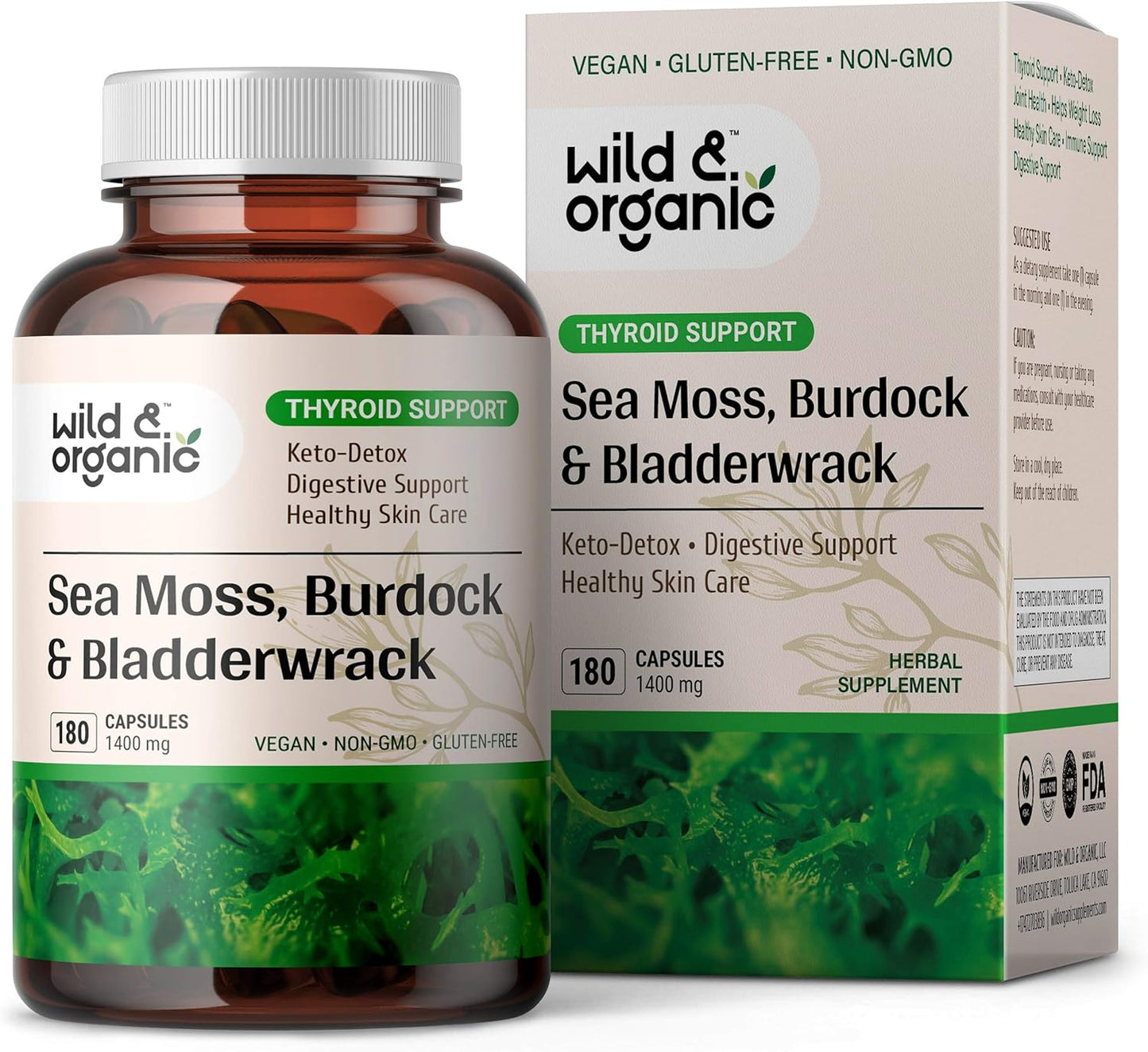 Irish Sea Moss Complex Capsules with Bladderwrack & Burdock Root - 180 Vegan Organic Seamoss for Well-Being