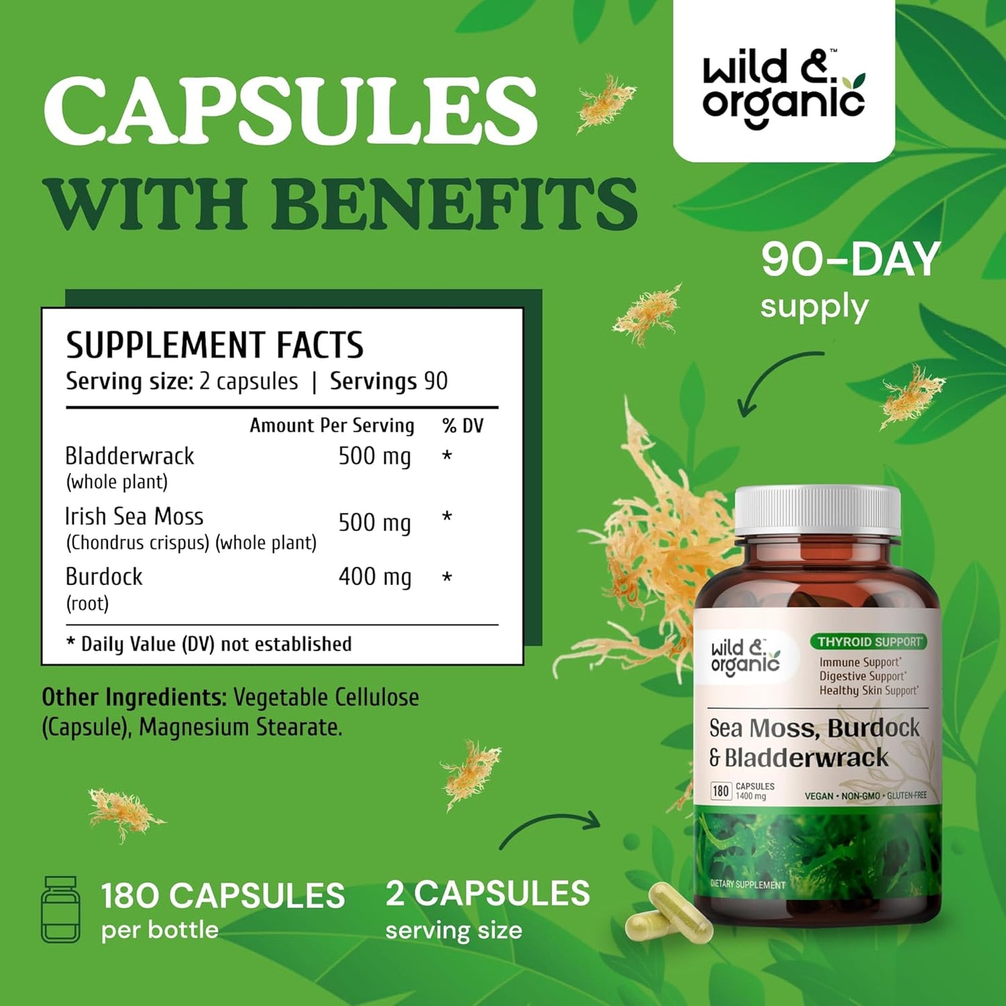 Irish Sea Moss Complex Capsules with Bladderwrack & Burdock Root - 180 Vegan Organic Seamoss for Well-Being