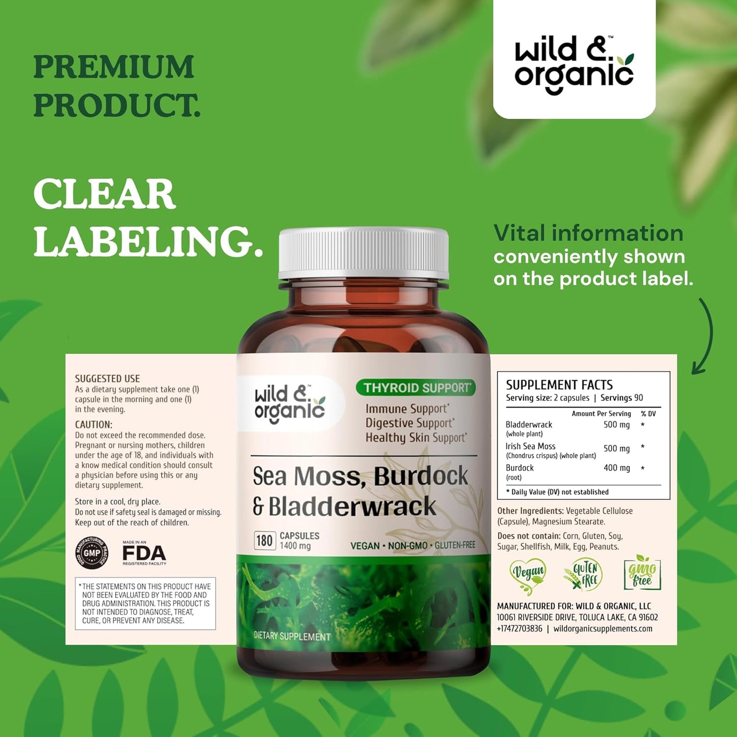 Irish Sea Moss Complex Capsules with Bladderwrack & Burdock Root - 180 Vegan Organic Seamoss for Well-Being