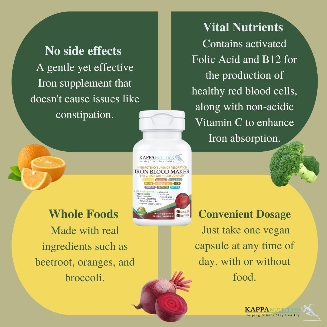 Iron 26mg, Vitamin C, Orange, Folate, B12, Beetroot, Broccoli & MCT Oil Complex - 90 Capsules