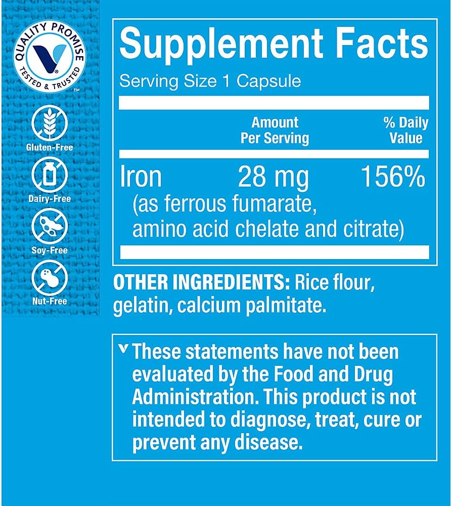 Iron 28MG Capsules - Essential Mineral for Immune Health & Energy Production - Highly Absorbable Form - Daily Supplement (300 Count)