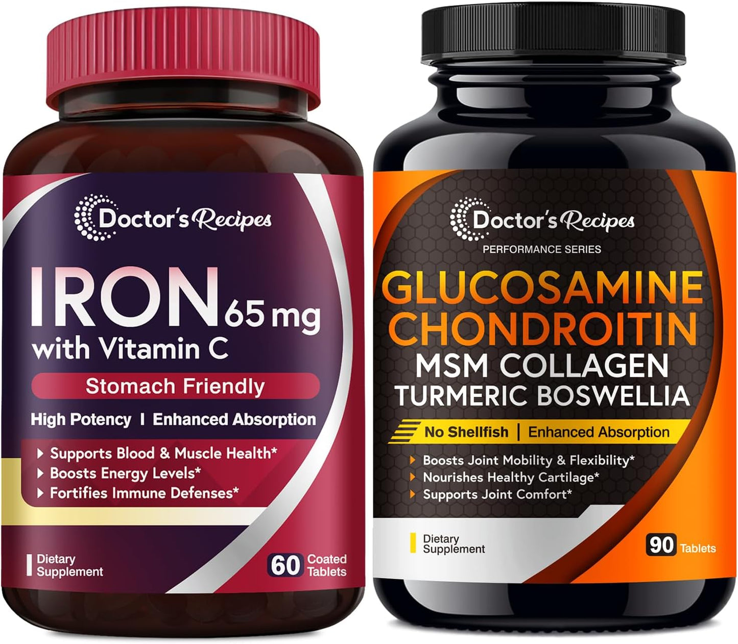 Iron 65 mg & Glucosamine Chondroitin MSM Bundle for Healthy Iron Levels & Joint Comfort - 60 Iron Tablets & 90 Joint Support Tablets