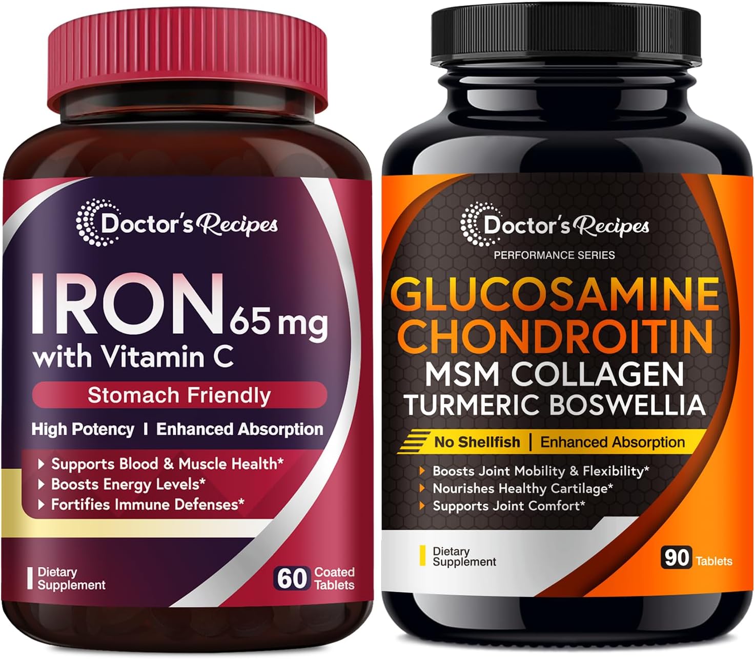 Iron 65 mg & Glucosamine Chondroitin MSM Bundle for Healthy Iron Levels & Joint Comfort - 60 Iron Tablets & 90 Joint Support Tablets