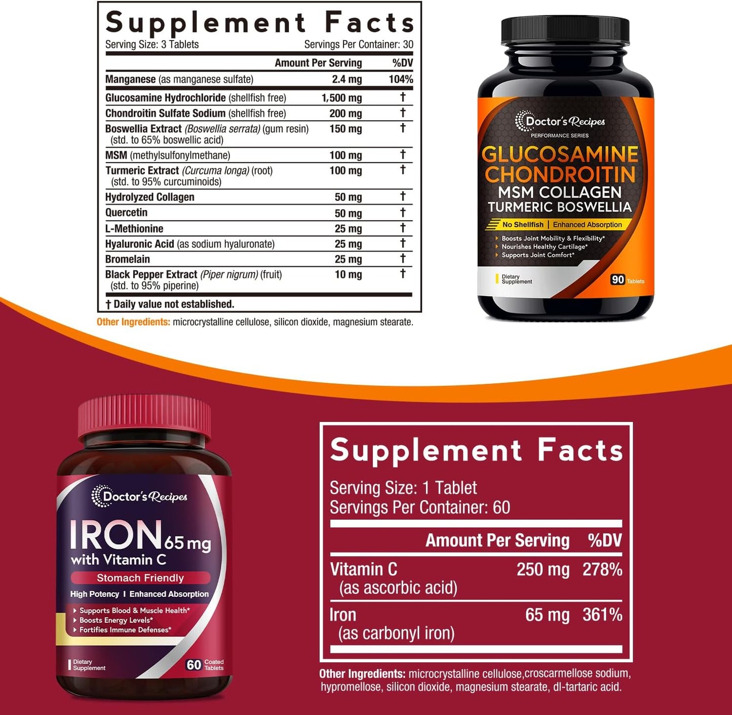 Iron 65 mg & Glucosamine Chondroitin MSM Bundle for Healthy Iron Levels & Joint Comfort - 60 Iron Tablets & 90 Joint Support Tablets