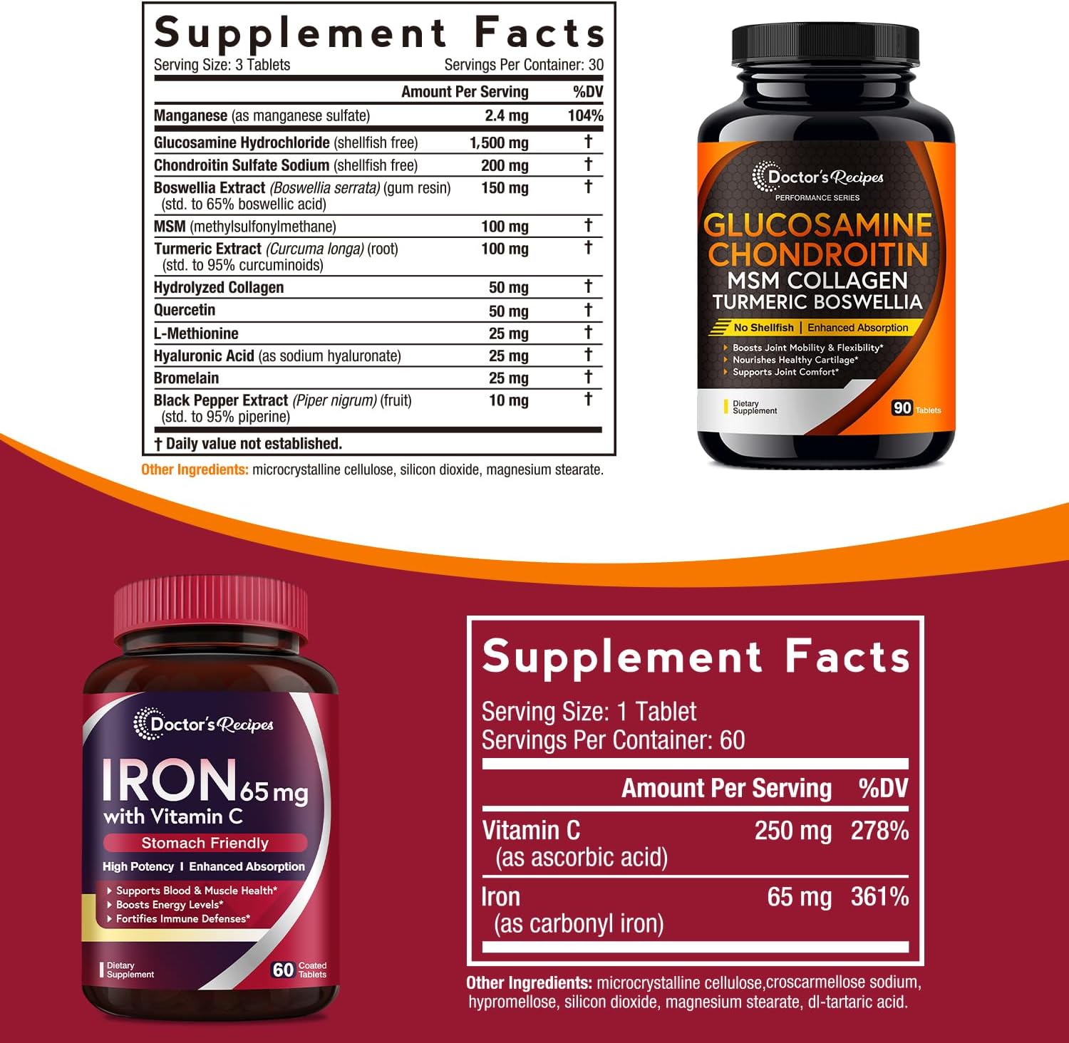 Iron 65 mg & Glucosamine Chondroitin MSM Bundle for Healthy Iron Levels & Joint Comfort - 60 Iron Tablets & 90 Joint Support Tablets