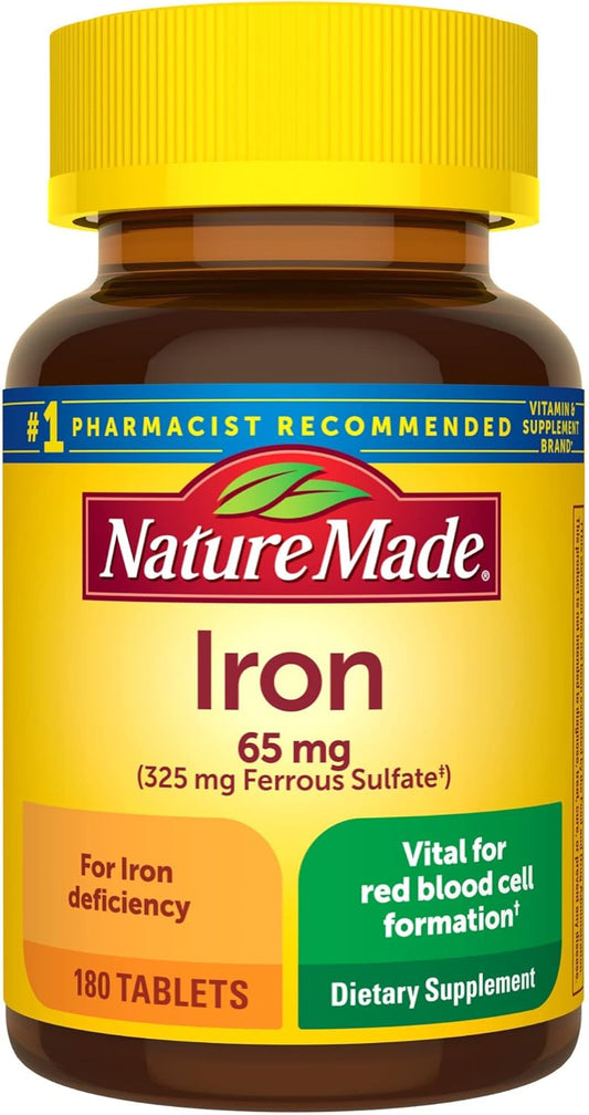 Iron 65 mg Supplement with Ferrous Sulfate for Red Blood Cell Support - 180 Tablets