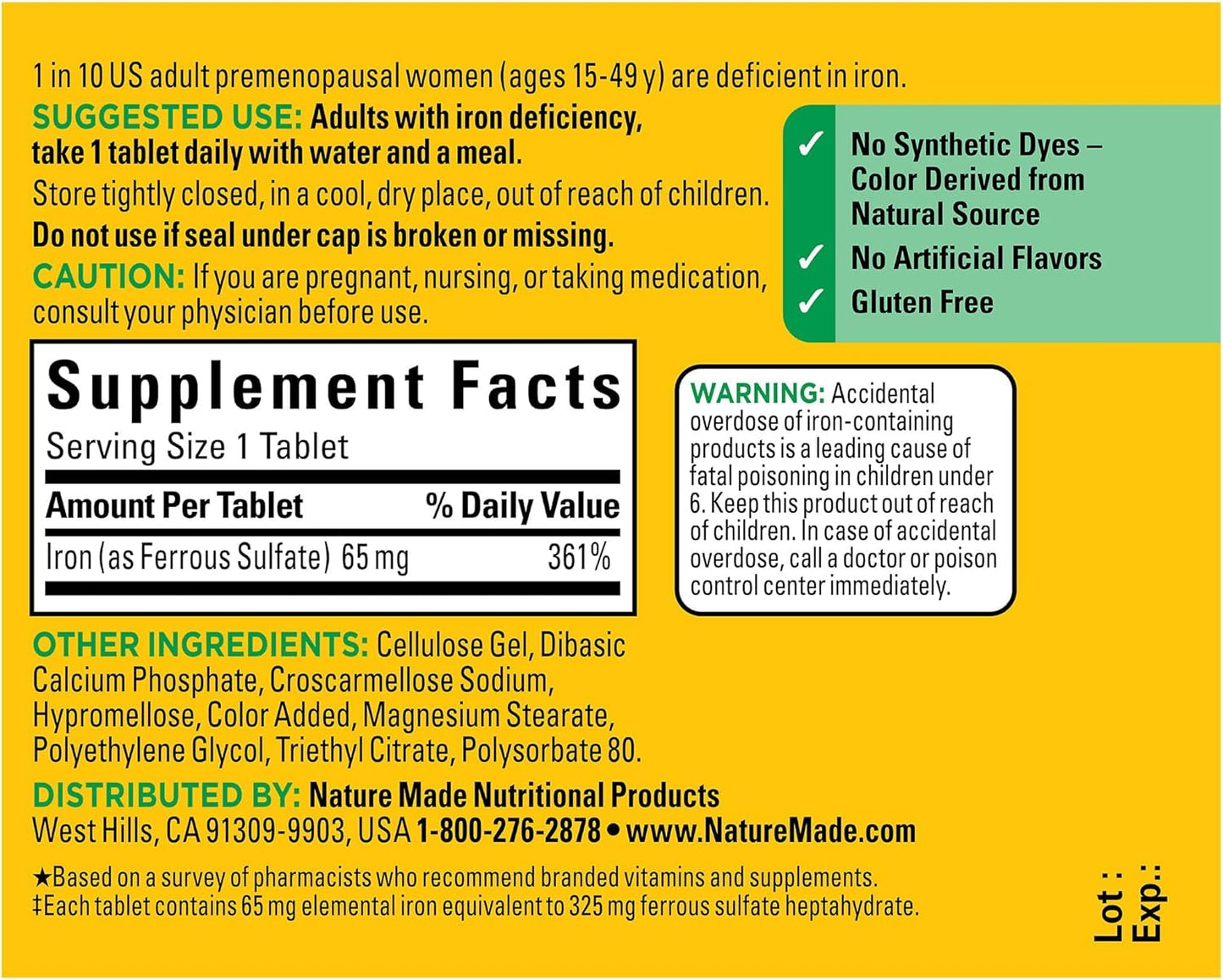 Iron 65 mg Supplement with Ferrous Sulfate for Red Blood Cell Support - 180 Tablets