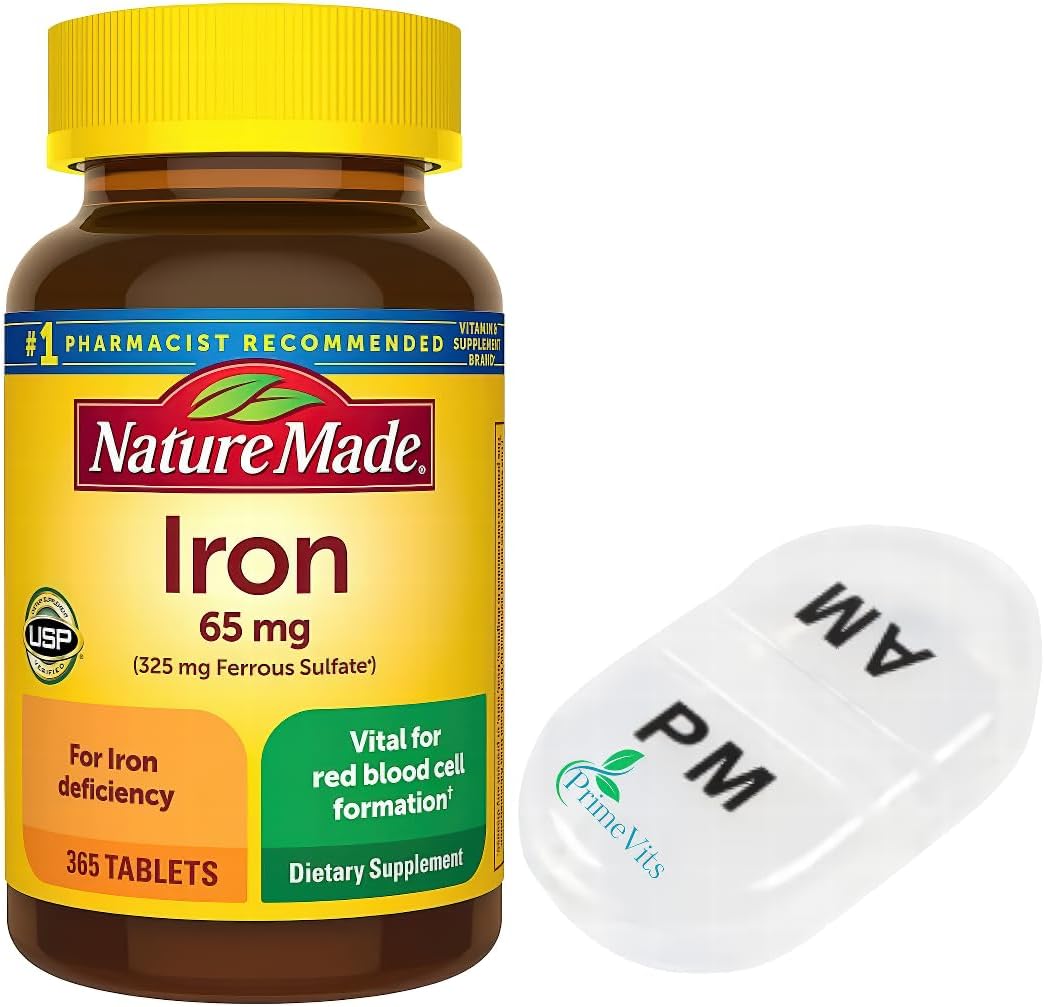 Iron 65 mg Tablets with Ferrous Sulfate for Red Blood Cell Support - 365 Day Supply with Travel Case