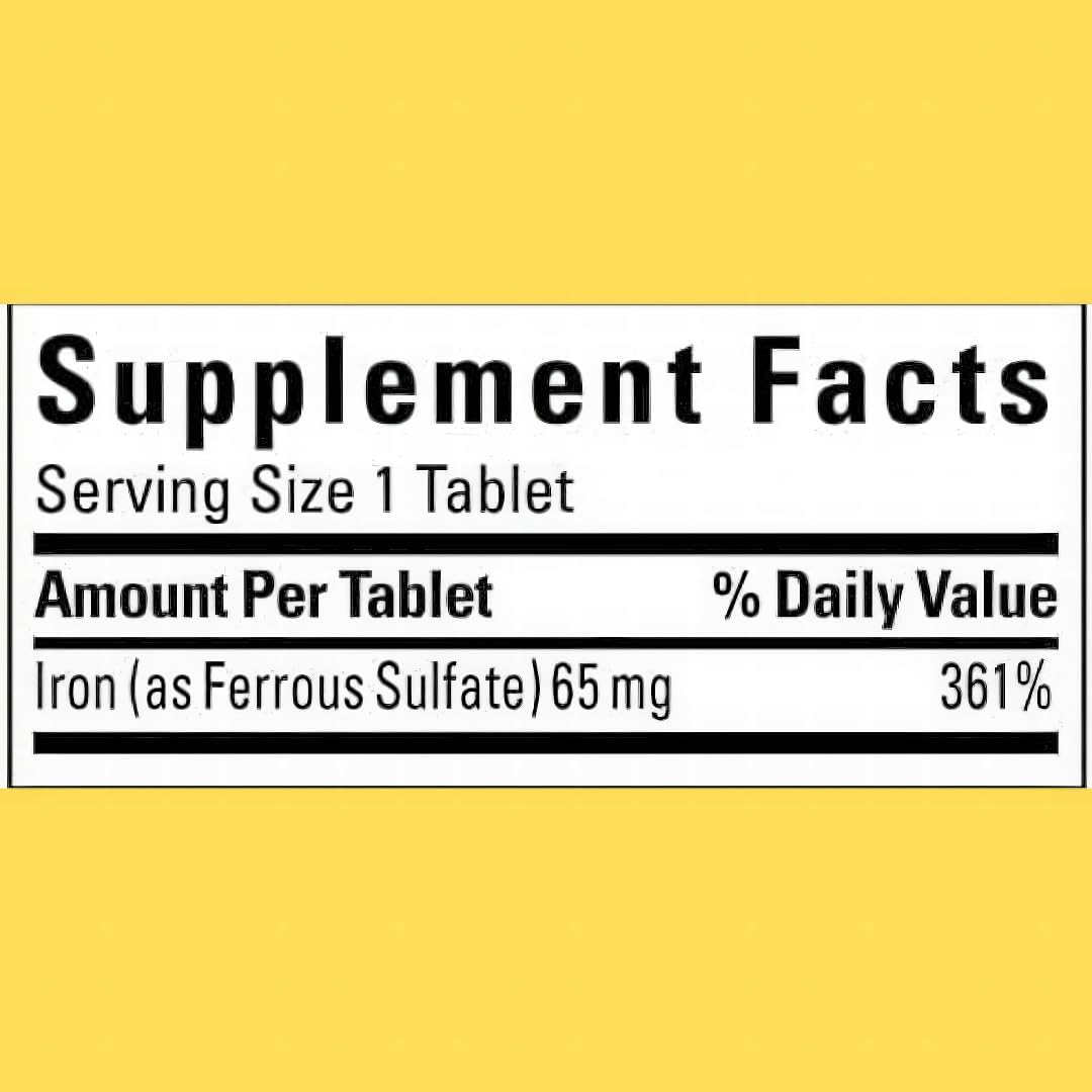 Iron 65 mg Tablets with Ferrous Sulfate for Red Blood Cell Support - 365 Day Supply with Travel Case