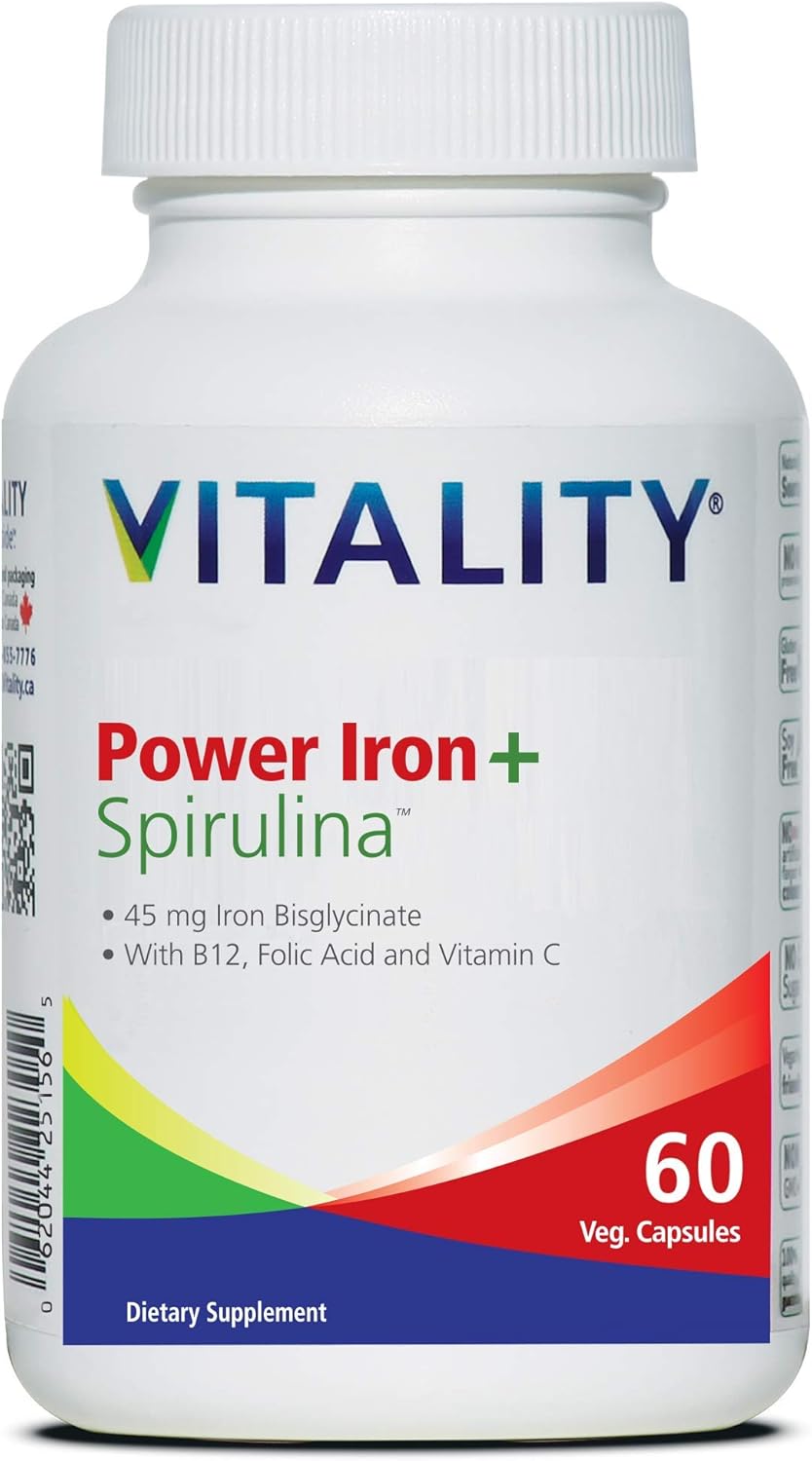 Iron and Spirulina Supplement for Iron Deficiency Support - Vegan Blood Builder with Gentle on Stomach Formula - 45mg Iron - 60 Capsules