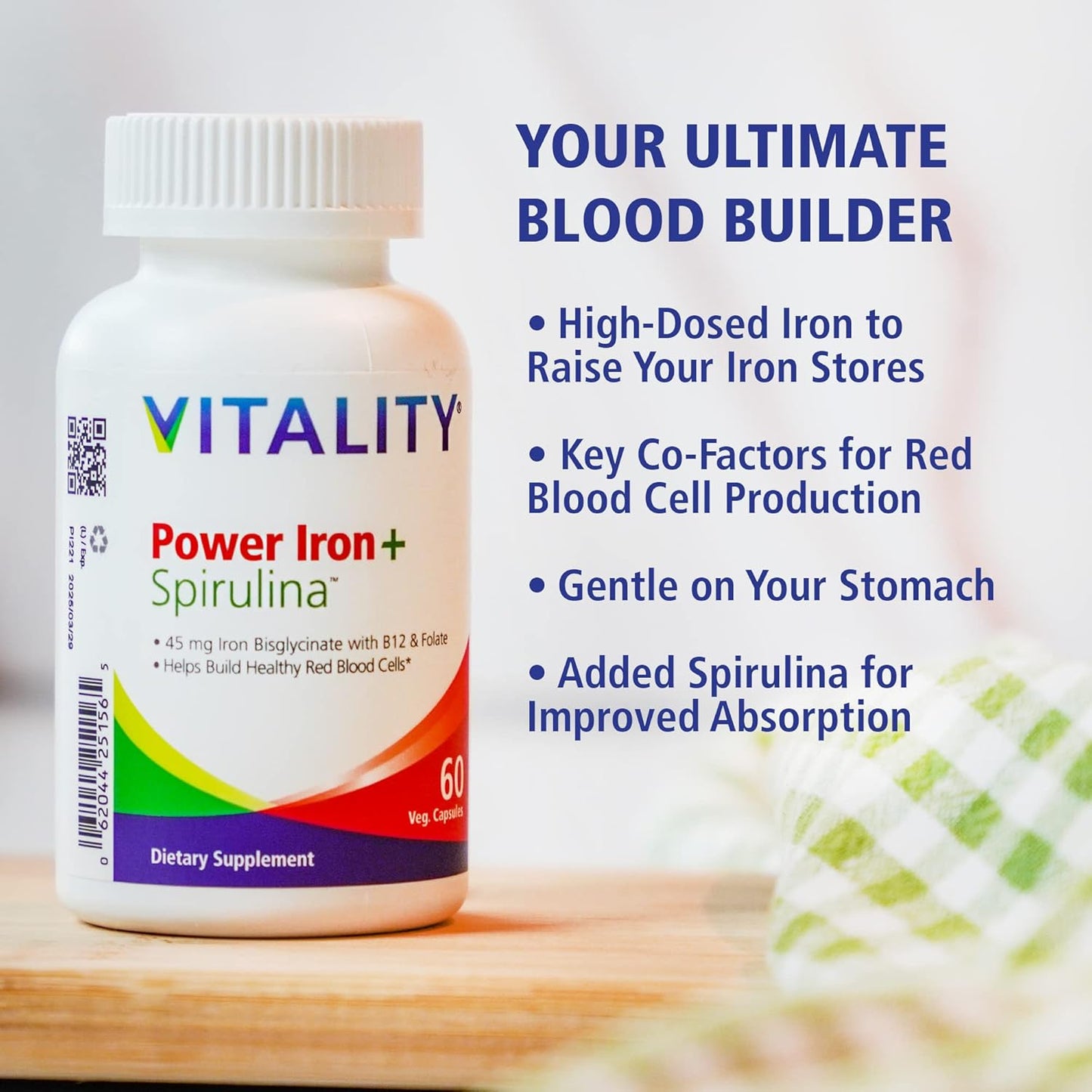 Iron and Spirulina Supplement for Iron Deficiency Support - Vegan Blood Builder with Gentle on Stomach Formula - 45mg Iron - 60 Capsules
