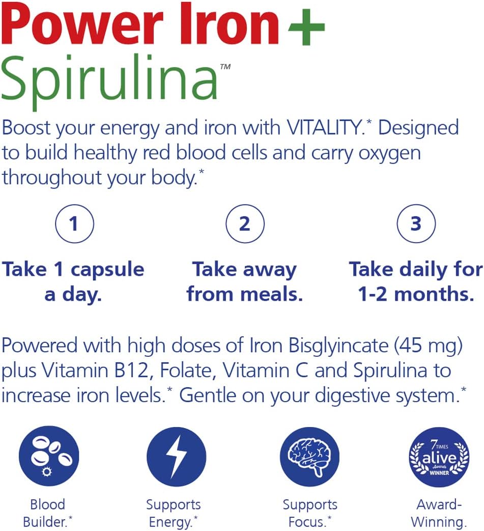 Iron and Spirulina Supplement for Iron Deficiency Support - Vegan Blood Builder with Gentle on Stomach Formula - 45mg Iron - 60 Capsules