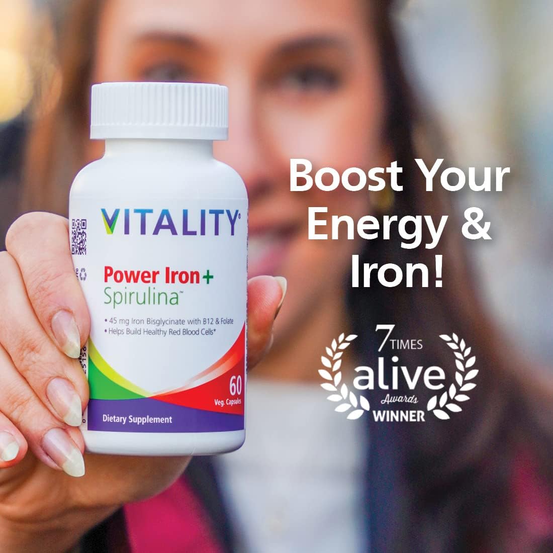 Iron and Spirulina Supplement for Iron Deficiency Support - Vegan Blood Builder with Gentle on Stomach Formula - 45mg Iron - 60 Capsules