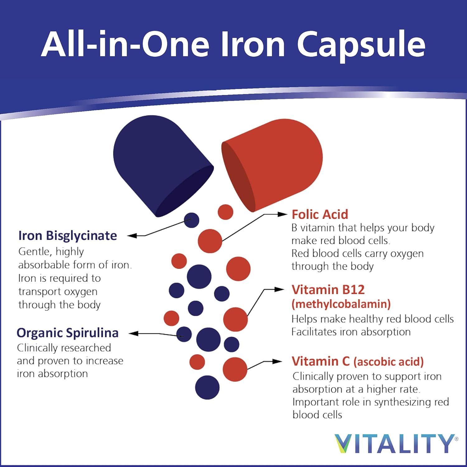 Iron and Spirulina Supplement for Iron Deficiency Support - Vegan Blood Builder with Gentle on Stomach Formula - 45mg Iron - 60 Capsules