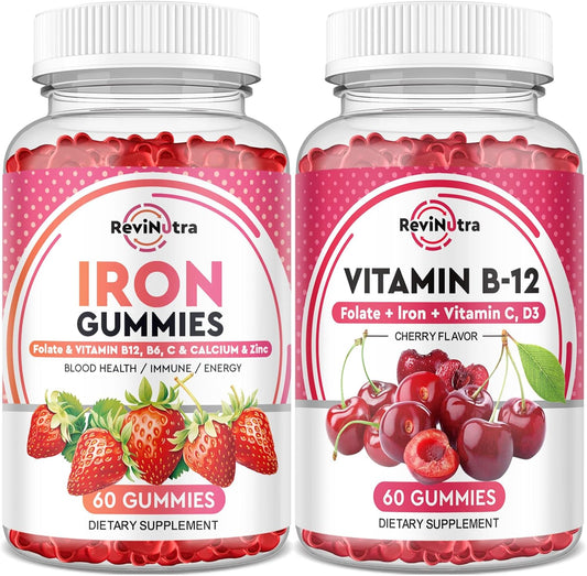 Iron and Vitamin B12 Gummies Bundle for Adults and Kids by ReviNutra - Dietary Supplement