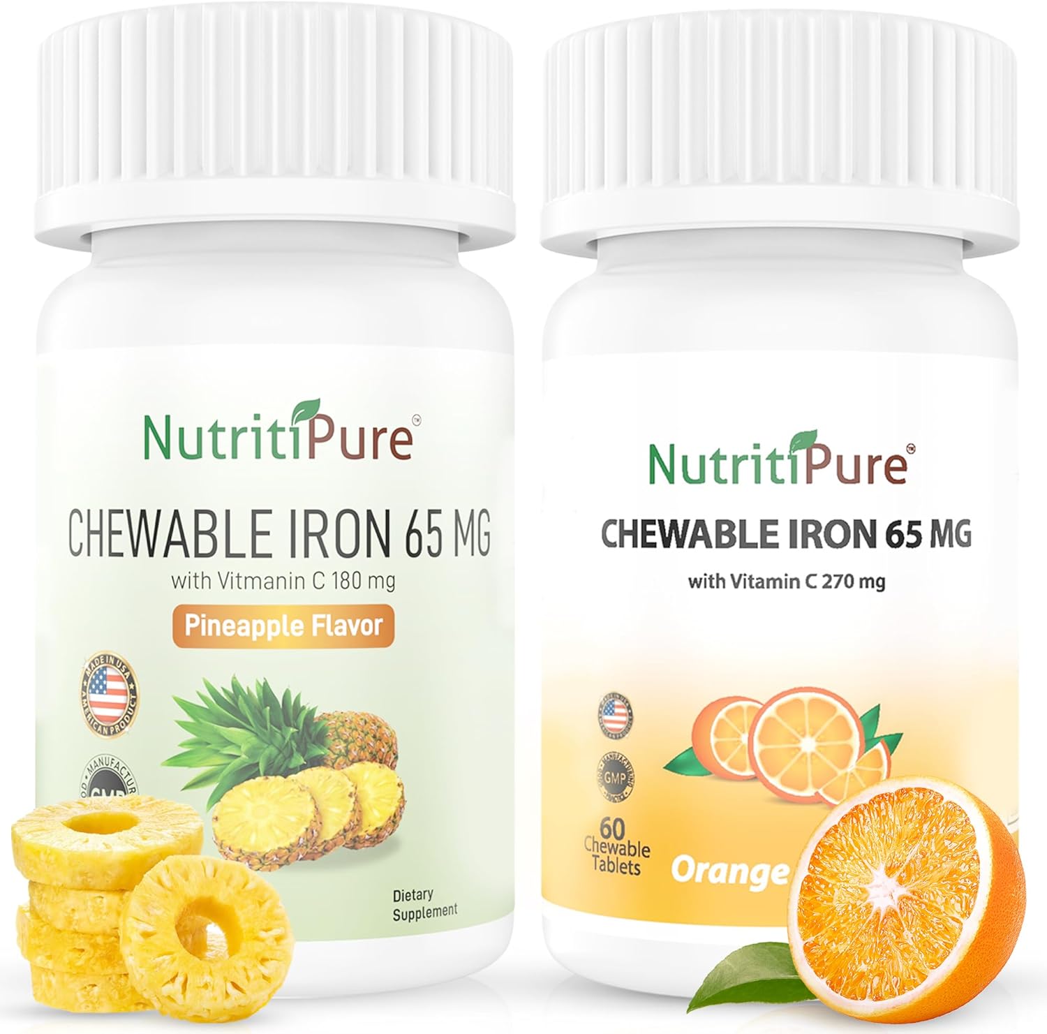 Iron and Vitamin C Chewable Bundle - 65mg, Orange & Pineapple Flavor - 120 Day Supply for Women and Men