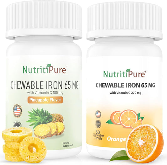 Iron and Vitamin C Chewable Bundle - 65mg, Orange & Pineapple Flavor - 120 Day Supply for Women and Men