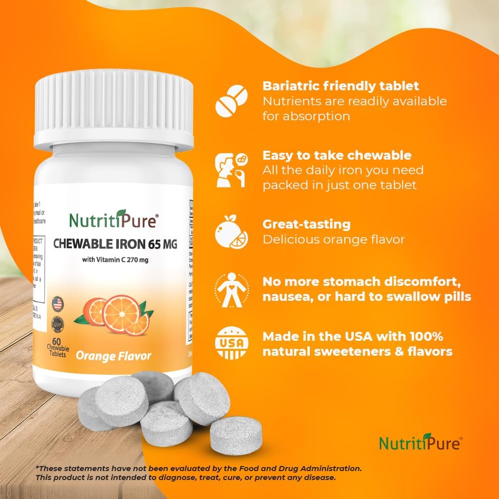 Iron and Vitamin C Chewable Bundle - 65mg, Orange & Pineapple Flavor - 120 Day Supply for Women and Men