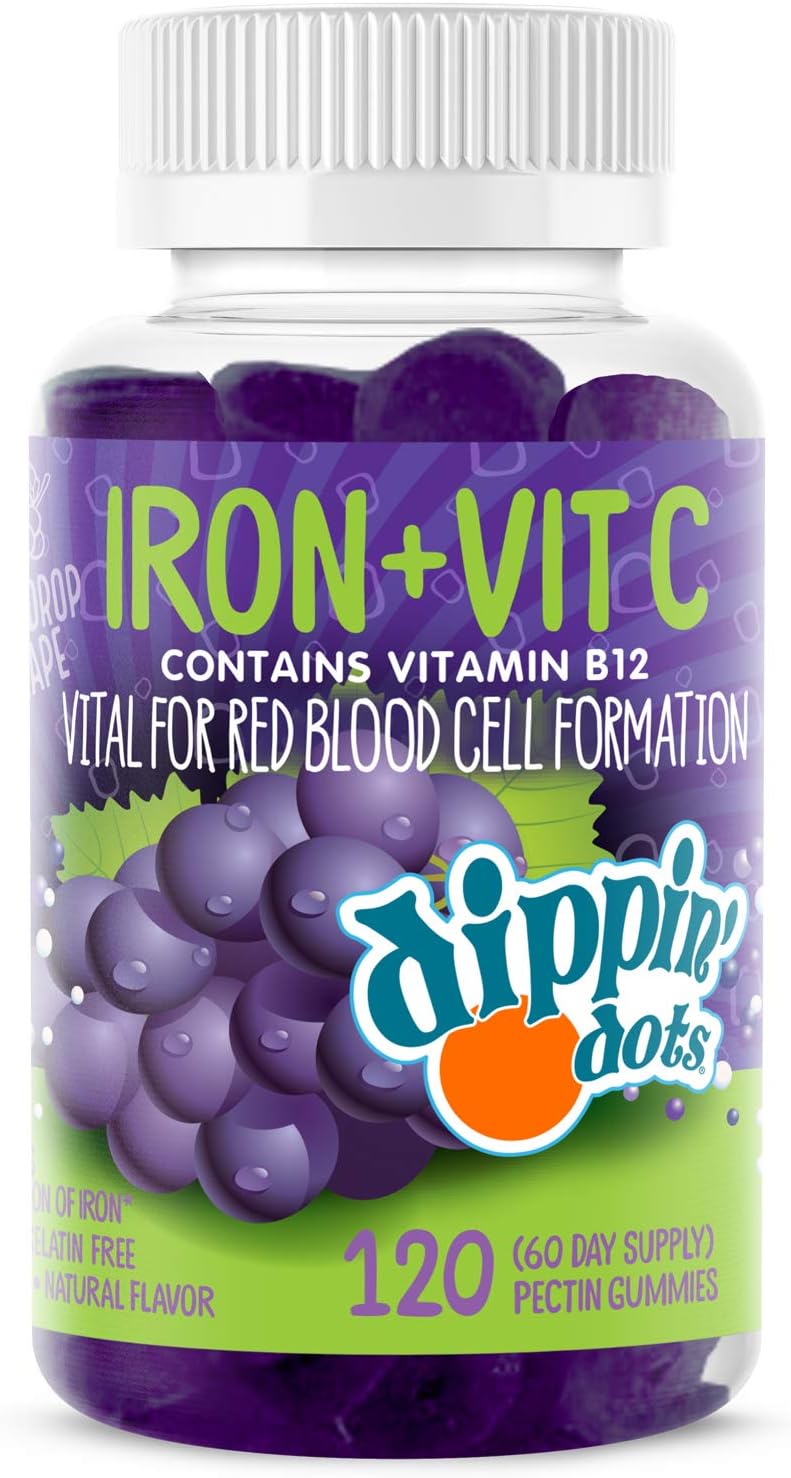 Iron and Vitamin C Gummies for Red Blood Cell Formation - 120 Count Vegan Grape Flavor Pectin Fruit Chews with B12 | Non-GMO & Gluten Free