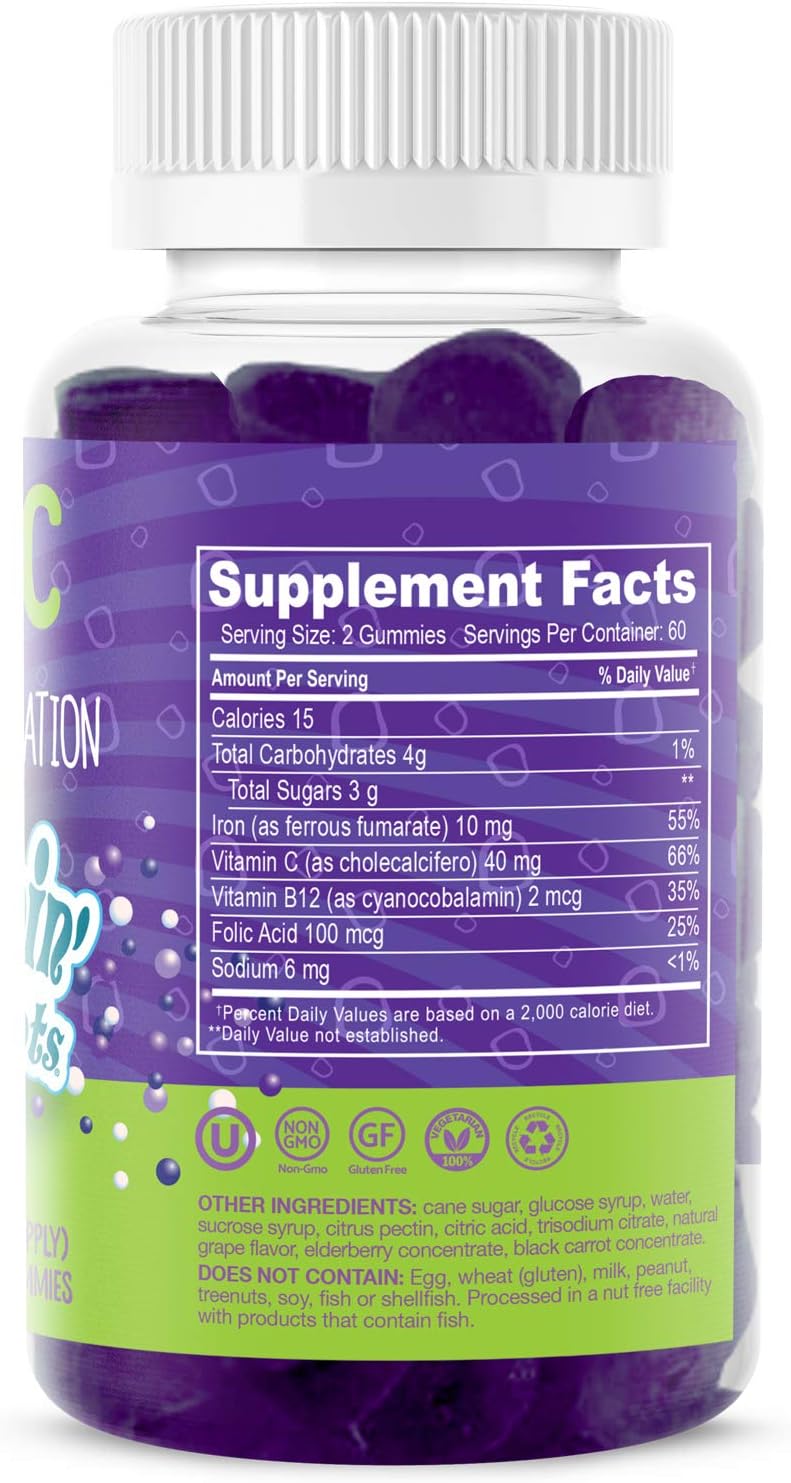 Iron and Vitamin C Gummies for Red Blood Cell Formation - 120 Count Vegan Grape Flavor Pectin Fruit Chews with B12 | Non-GMO & Gluten Free