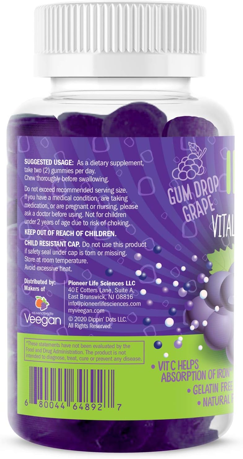Iron and Vitamin C Gummies for Red Blood Cell Formation - 120 Count Vegan Grape Flavor Pectin Fruit Chews with B12 | Non-GMO & Gluten Free