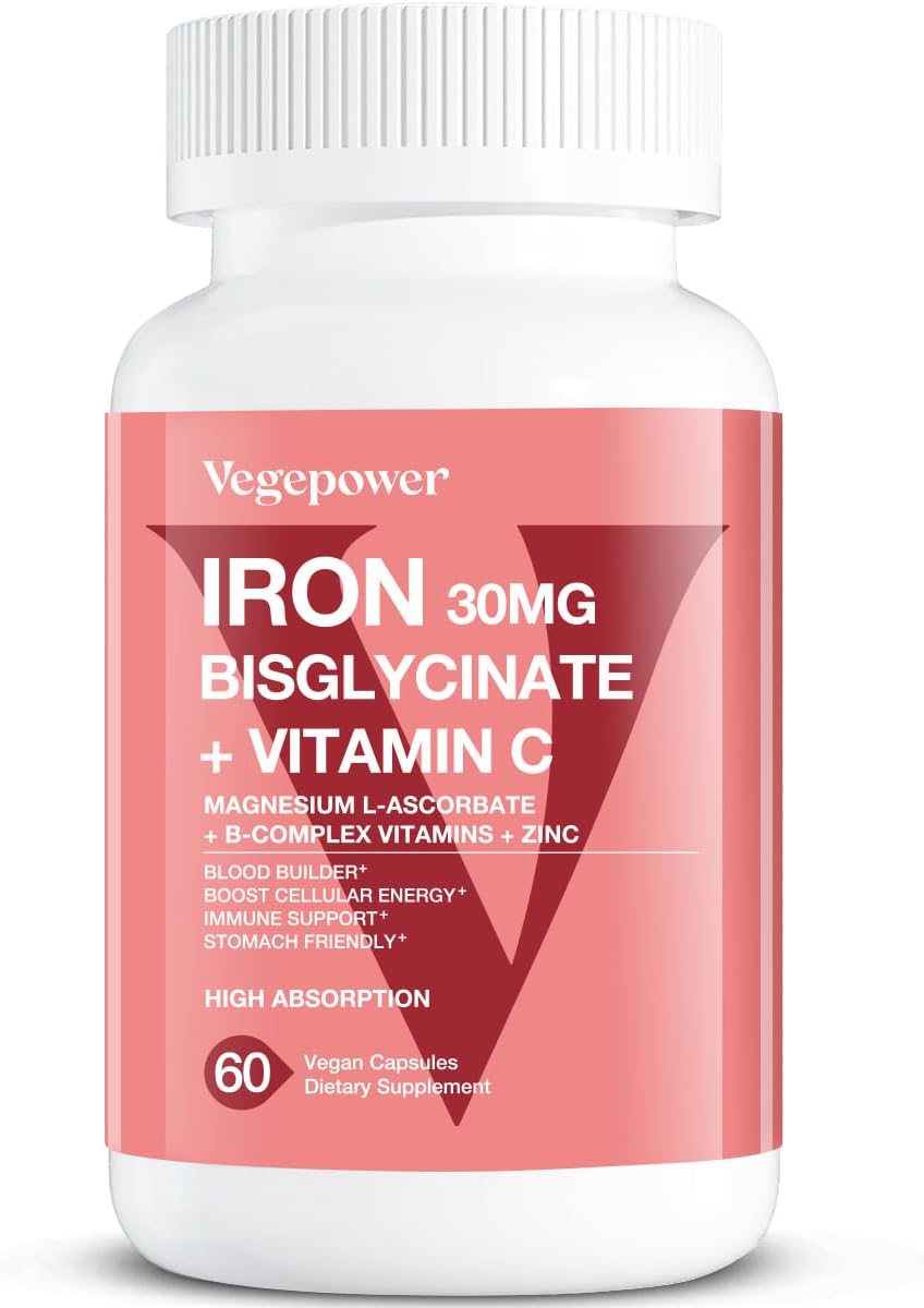 Iron Bisglycinate 30mg Vegan Supplement for Anemia, High Absorption - Chelated with Vitamin C, B12, Folic Acid - 60 Capsules - Gluten-Free, Non-GMO - Men & Women's Iron Pills