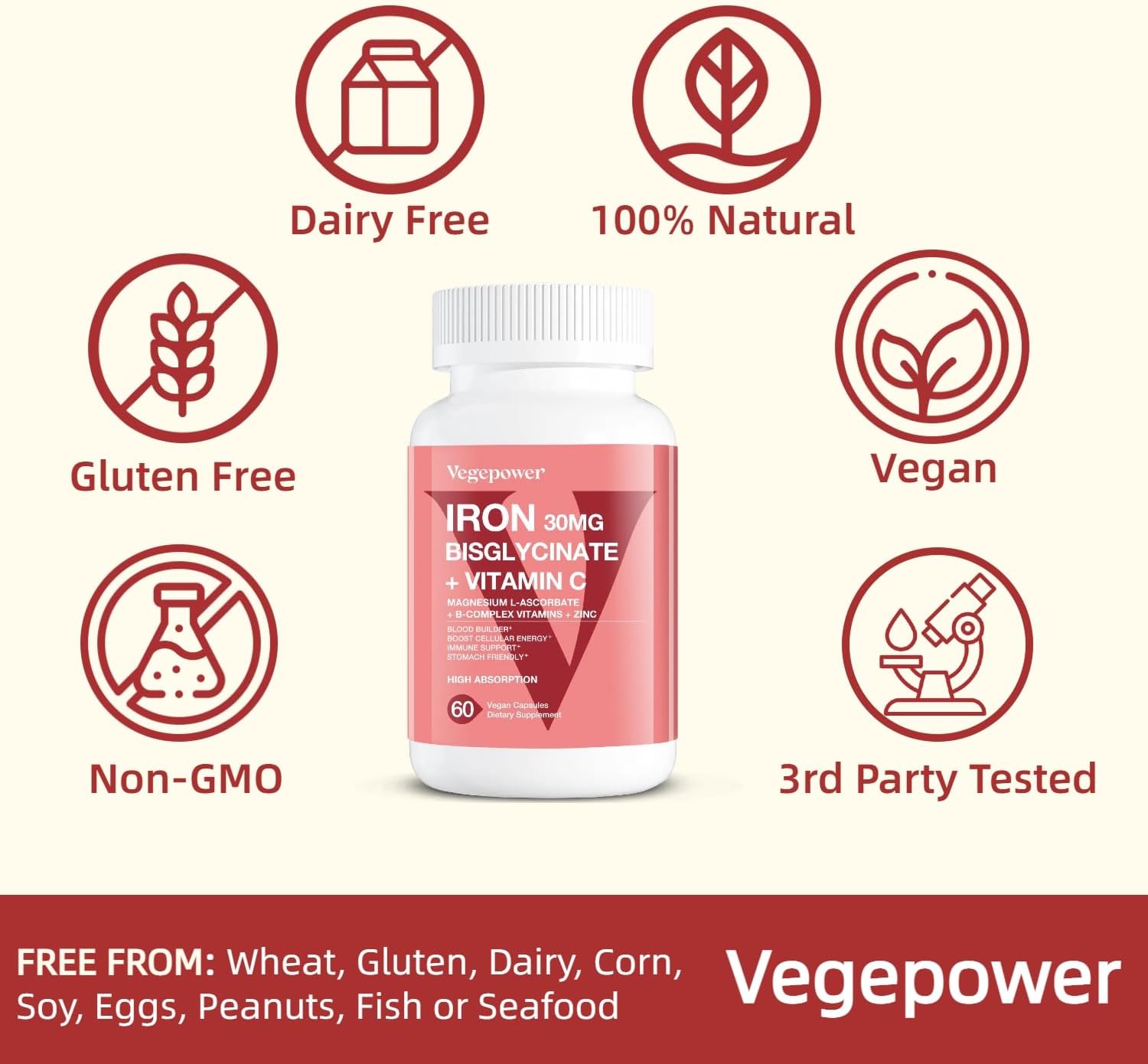Iron Bisglycinate 30mg Vegan Supplement for Anemia, High Absorption - Chelated with Vitamin C, B12, Folic Acid - 60 Capsules - Gluten-Free, Non-GMO - Men & Women's Iron Pills