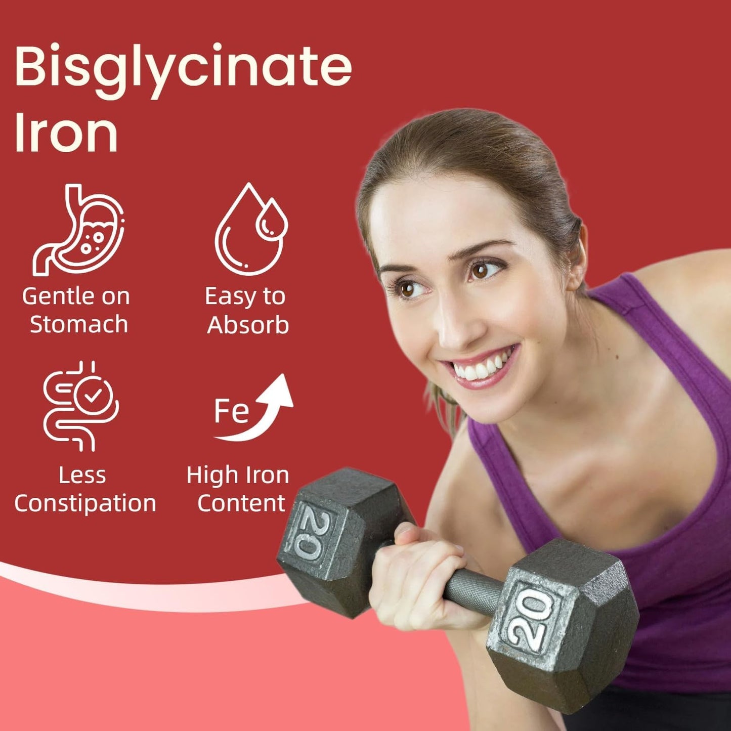 Iron Bisglycinate 30mg Vegan Supplement for Anemia, High Absorption - Chelated with Vitamin C, B12, Folic Acid - 60 Capsules - Gluten-Free, Non-GMO - Men & Women's Iron Pills