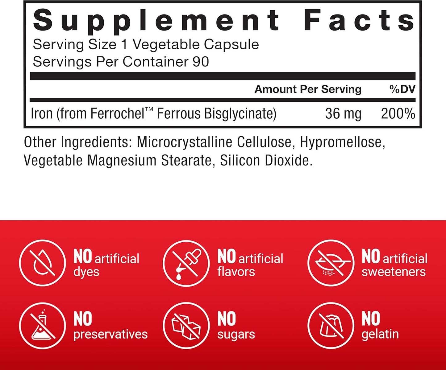 Iron Bisglycinate 36mg Supplement for Women and Men, Non-Constipating, Gentle on Stomach - 90 Vegetable Capsules by Force Factor