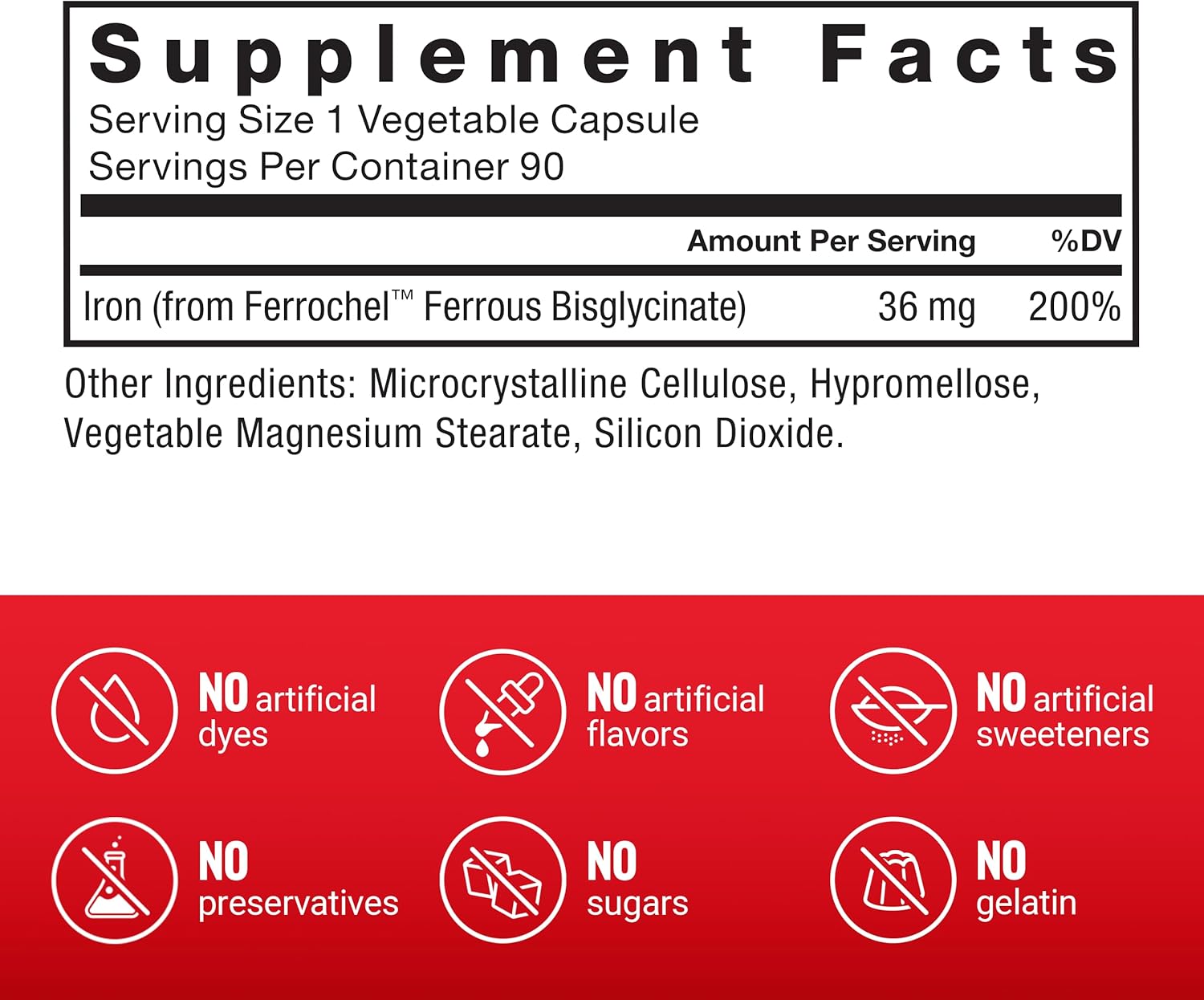 Iron Bisglycinate 36mg Supplement for Women and Men, Non-Constipating, Gentle on Stomach - 90 Vegetable Capsules by Force Factor