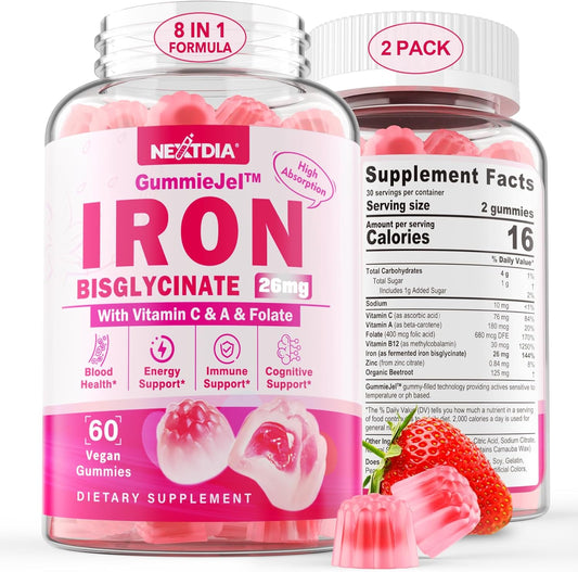 Iron Bisglycinate Gummies with Beet Root, Vitamin C, B12 & Folate - 26mg Gentle Iron Supplement for Energy & Immune Support - Vegan & Sugar-Free - 120 Count