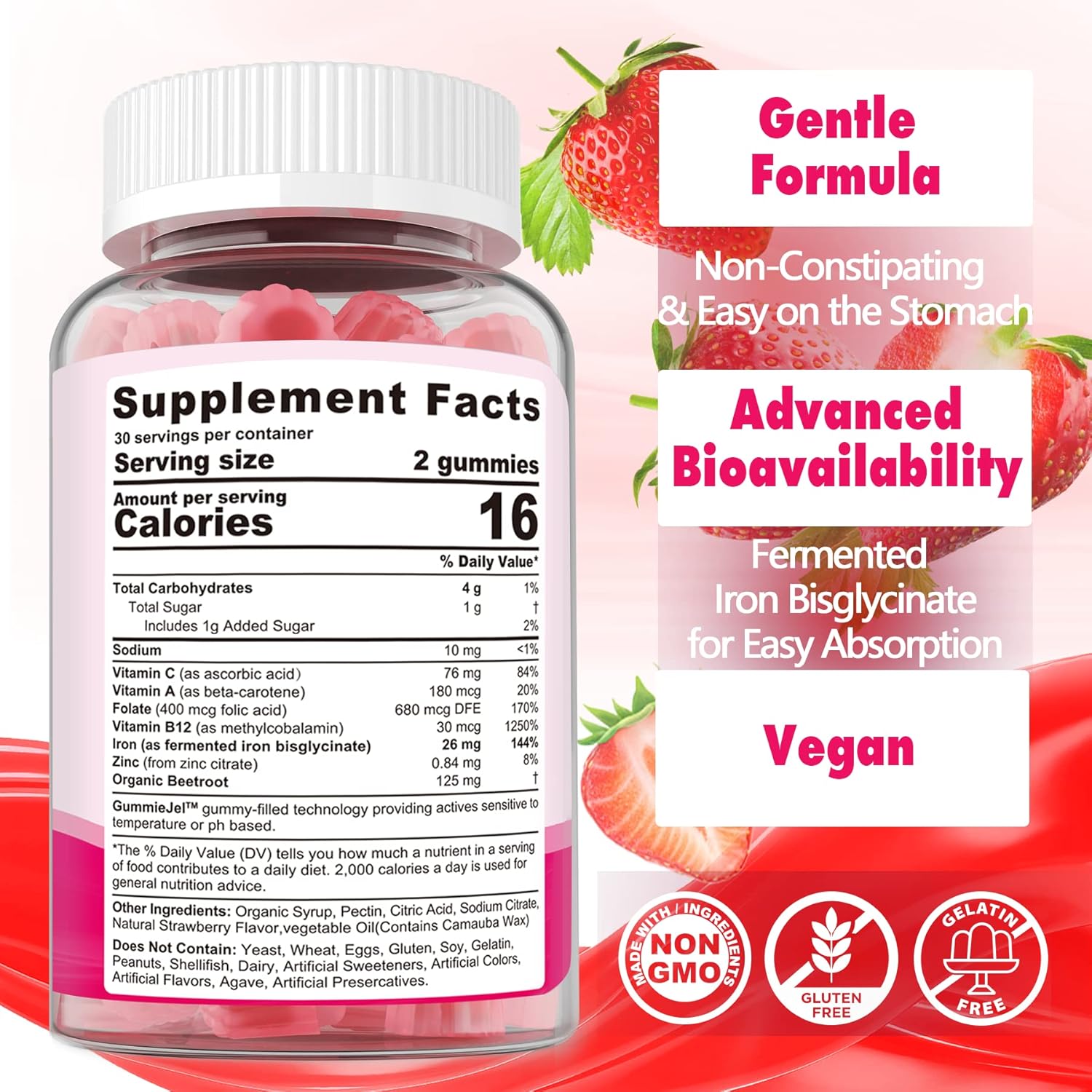 Iron Bisglycinate Gummies with Beet Root, Vitamin C, B12 & Folate - 26mg Gentle Iron Supplement for Energy & Immune Support - Vegan & Sugar-Free - 120 Count